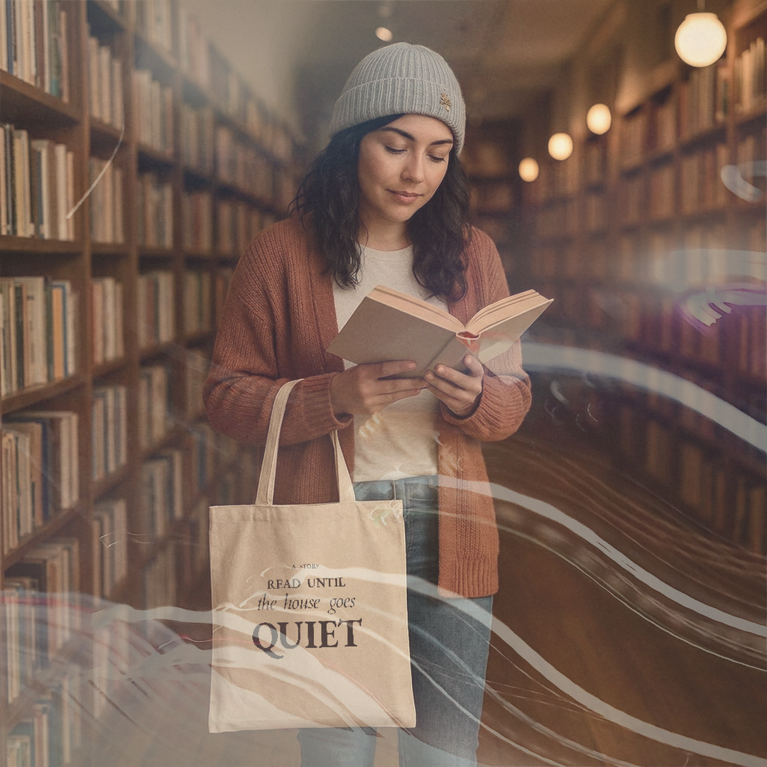 Canvas tote reading Read until the house goes quiet, worn in a library